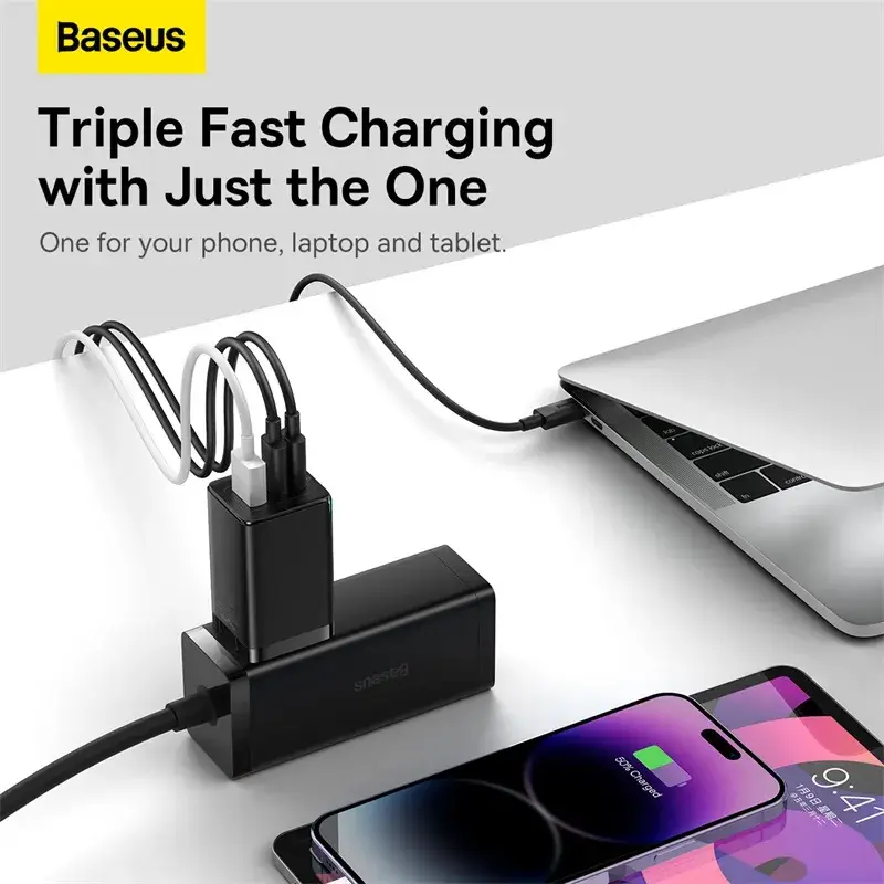 Baseus GaN5 Pro 65W Fast Charger 3-Port USB-C & USB-A Compact Wall Adapter