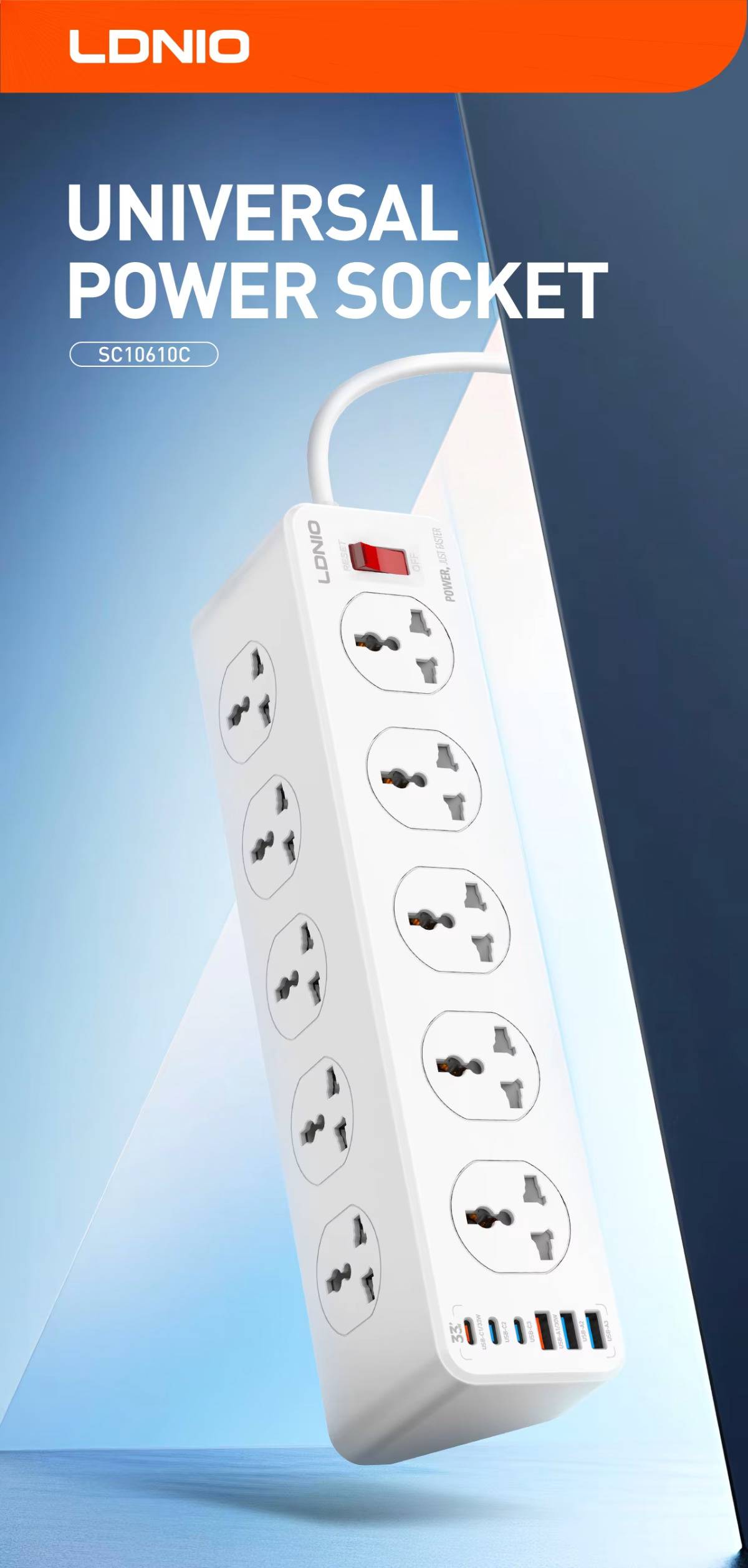 LDNIO SC10610C Universal Power Strip 10 Outlets 2M Cable