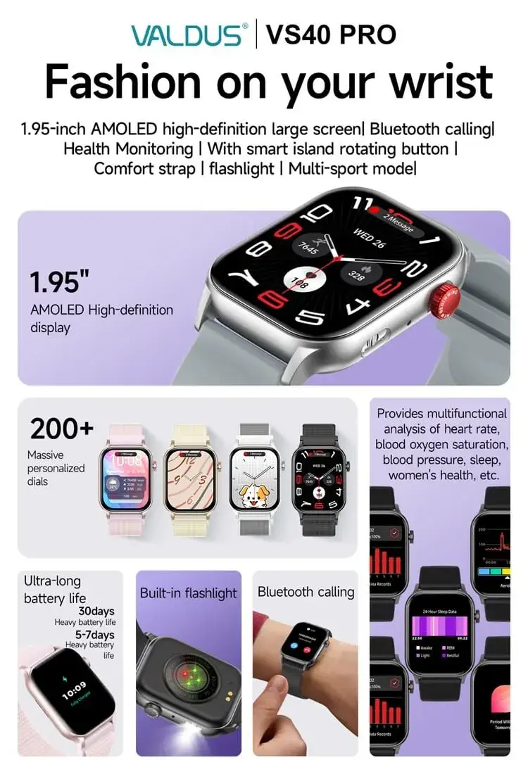 Valdus VS40 Pro AMOLED Smartwatch with Bluetooth Calling & Built-in Flashlight
