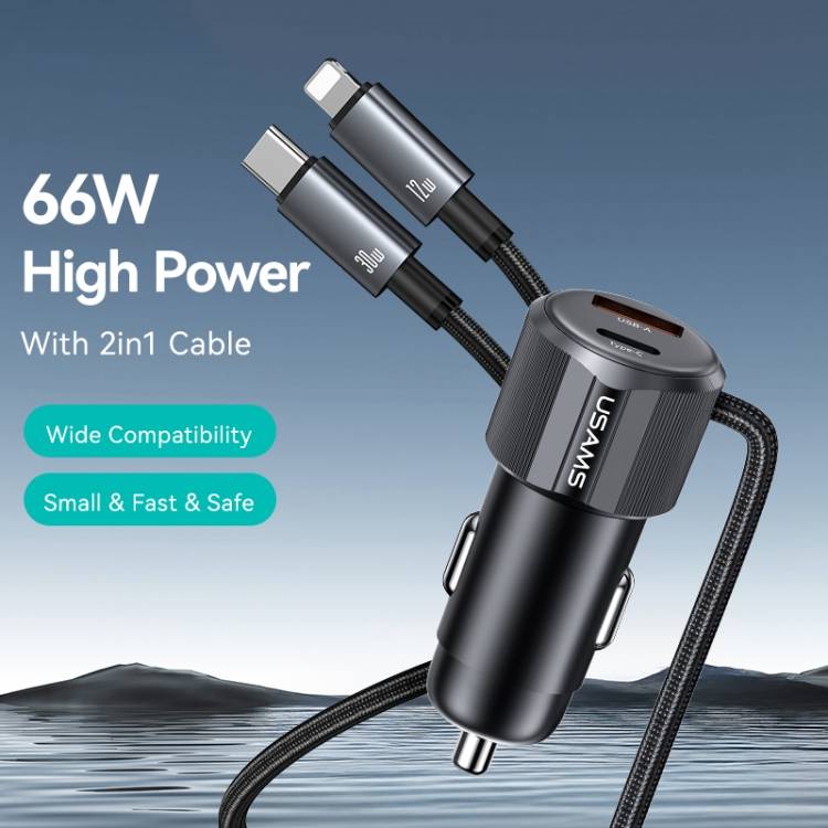 USAMS CC287 YT Series 66W Dual-Port USB & Type-C Car Fast Charger with 2-in-1 Cable-Black