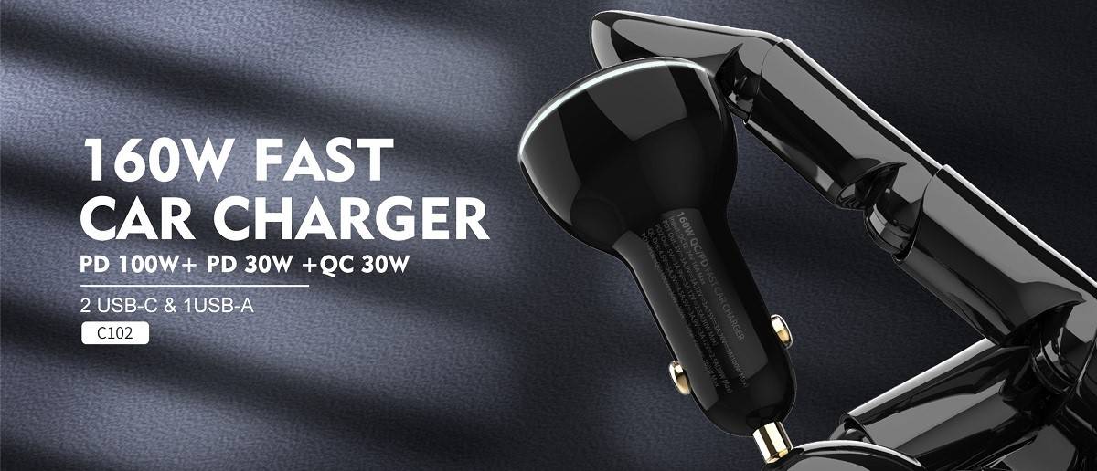 LDNIO C102 160W 3-Port Car Charger with 100W USB-C to USB-C Cable