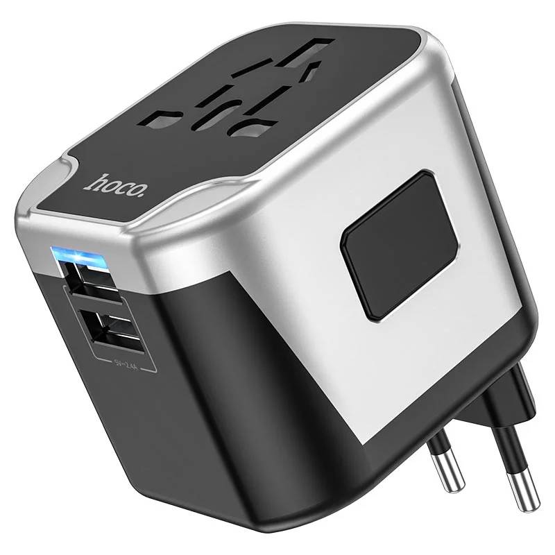Hoco AC5 Universal Travel Adapter with 2 USB Ports & 1 Power Socket