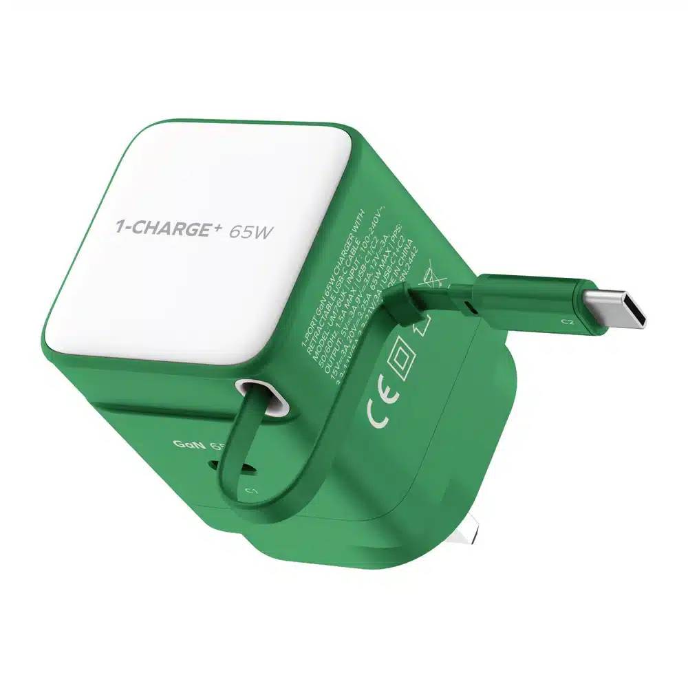MOMAX 1-Charge+ 65W 1-Port GaN Fast Charger with Built-In USB-C Cable