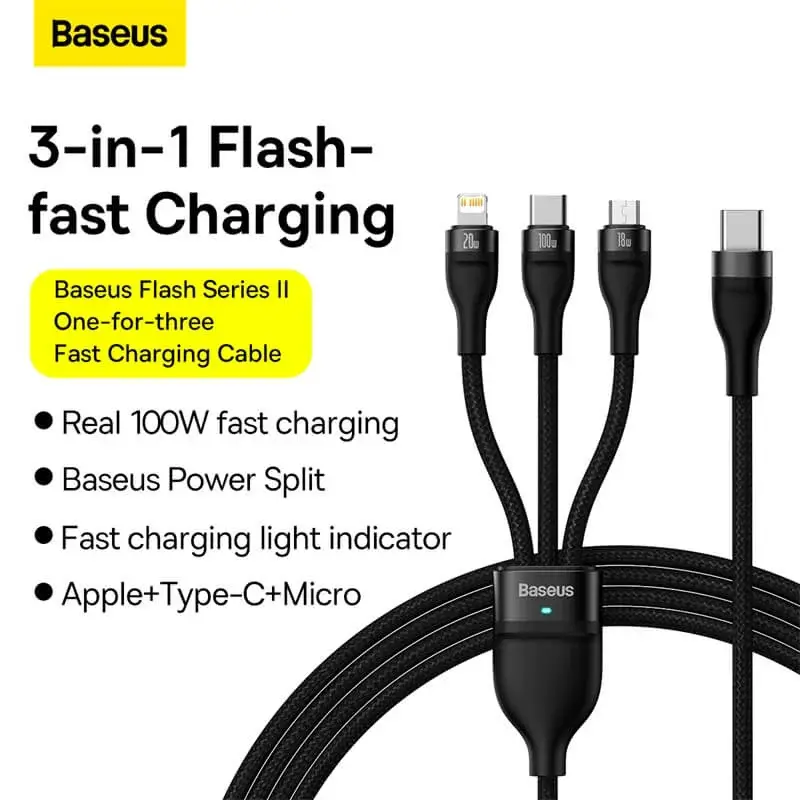 Baseus Flash Series II 3-in-1 Fast Charging Cable (Type-C to Micro+Lightning+Type-C, 100W, 1.5m)