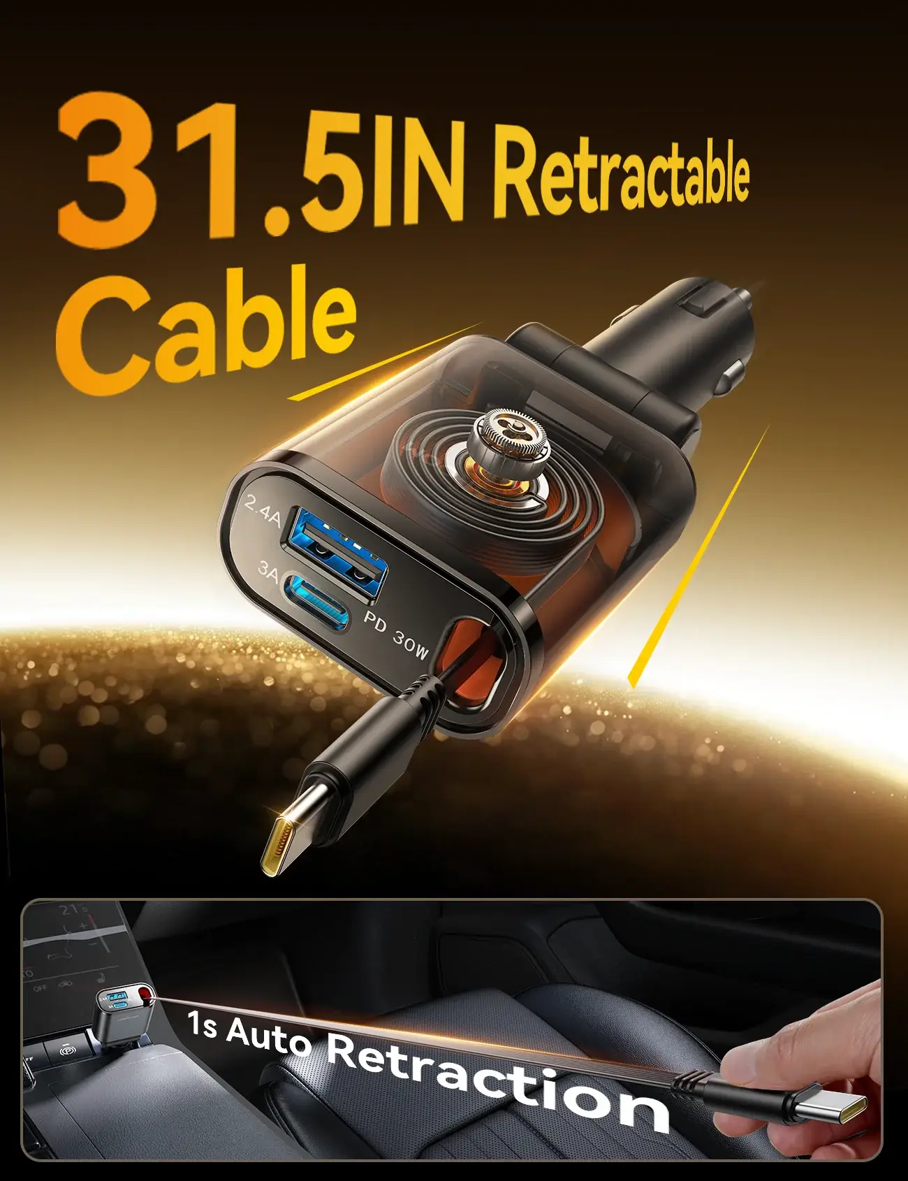 Joyroom JR-CCL07 60W 3-in-1 Retractable Fast Car Charger