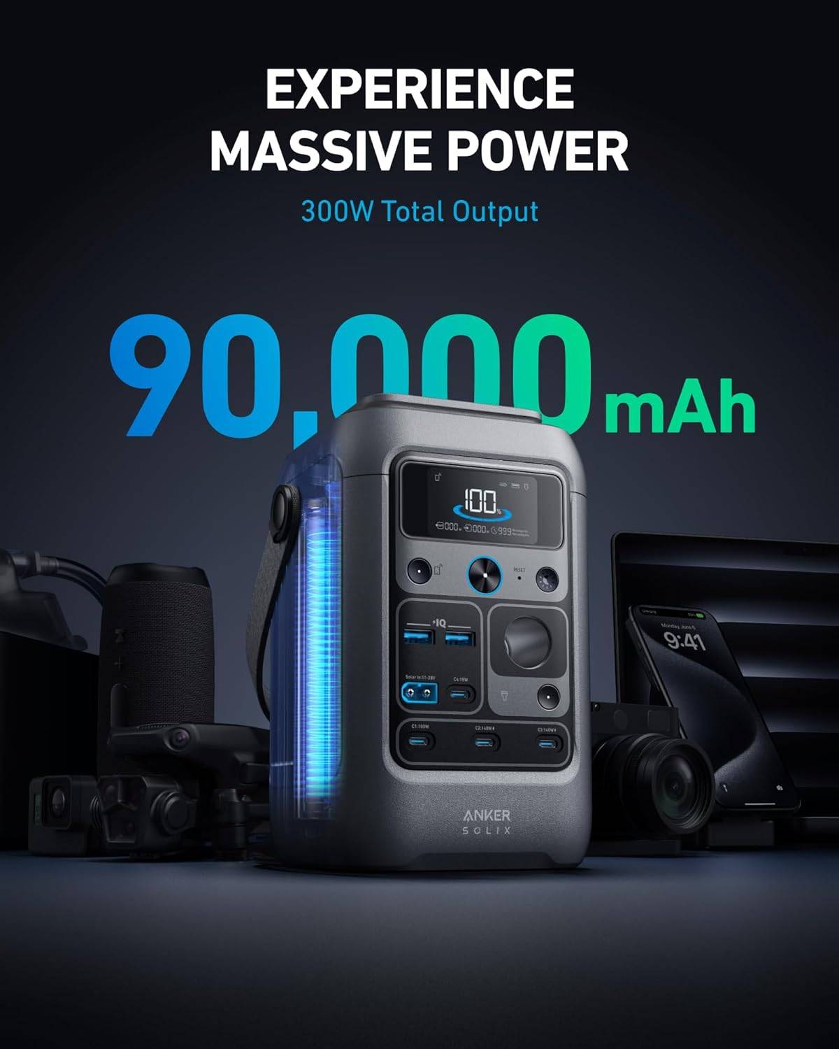 Anker SOLIX C300 Portable Power Station 288Wh 300W 90,000mAh High-Capacity Power Bank