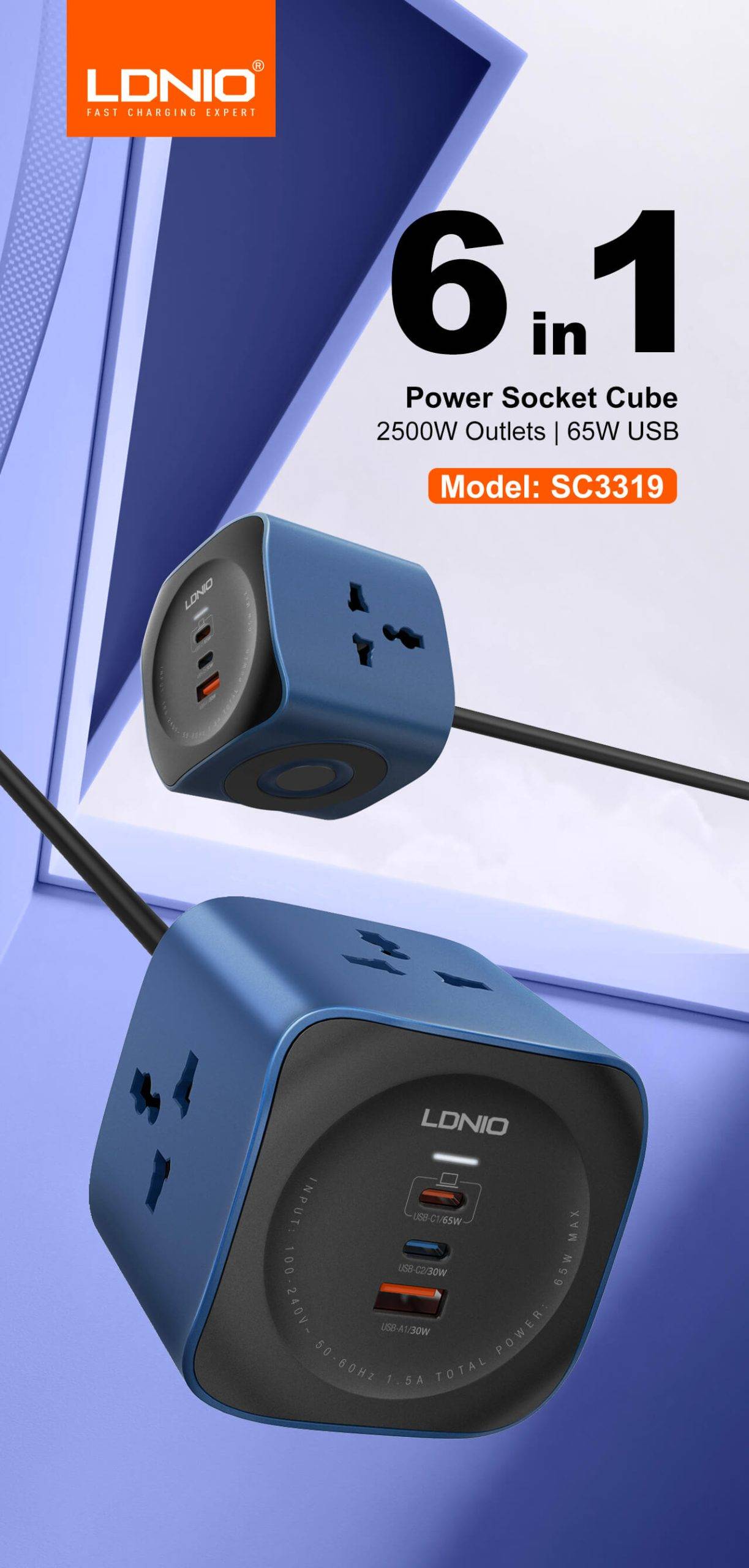 LDNIO SC3319 65W 6-in-1 Power Socket Cube with 2500W Outlets