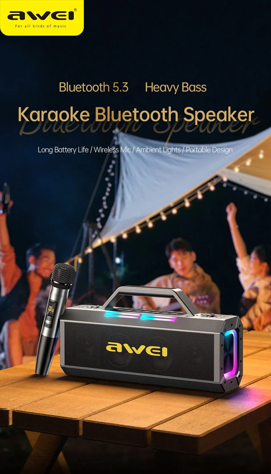 Awei KT8 160W Portable Bluetooth Karaoke Speaker with Wireless Microphones & Remote Control