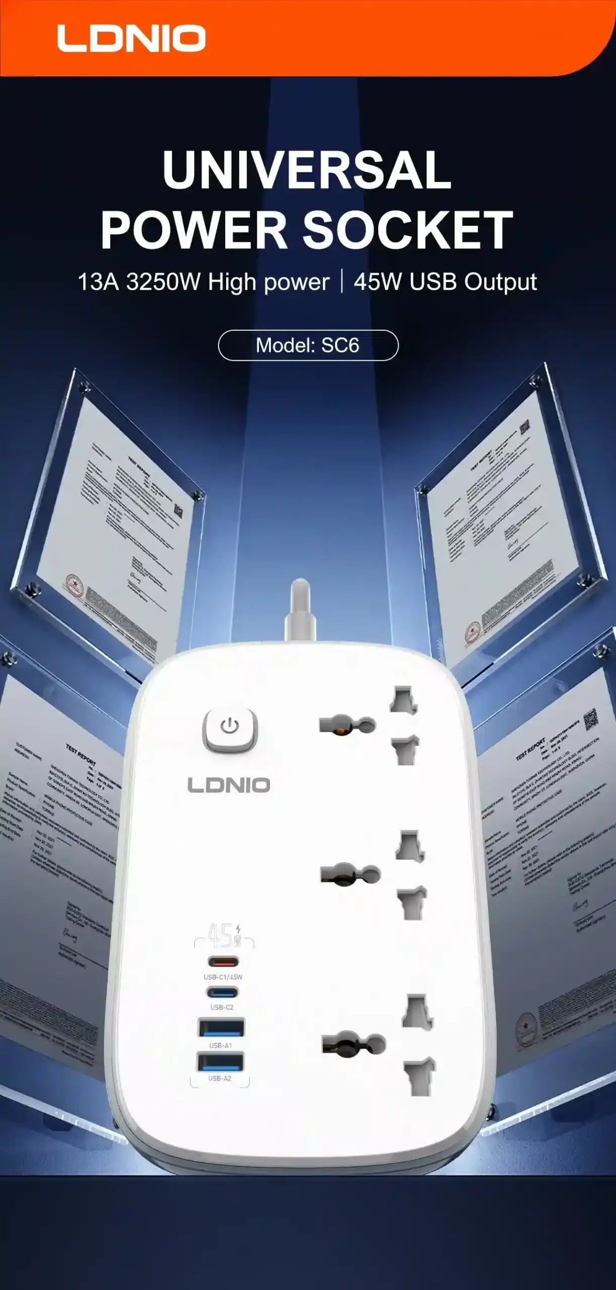 LDNIO SC6 45W Power Strip Smart Extension Socket with USB-C Fast Charging Port