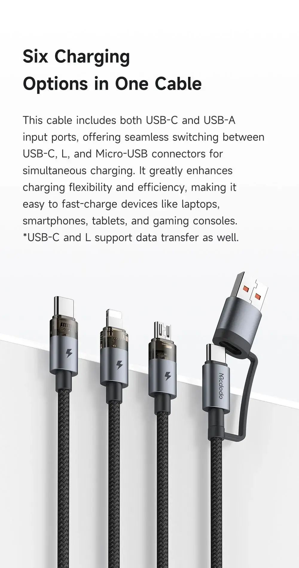Mcdodo CA-7260 6-in-1 Transparent 100W Fast Charging Cable with LED Indicator 1.2m