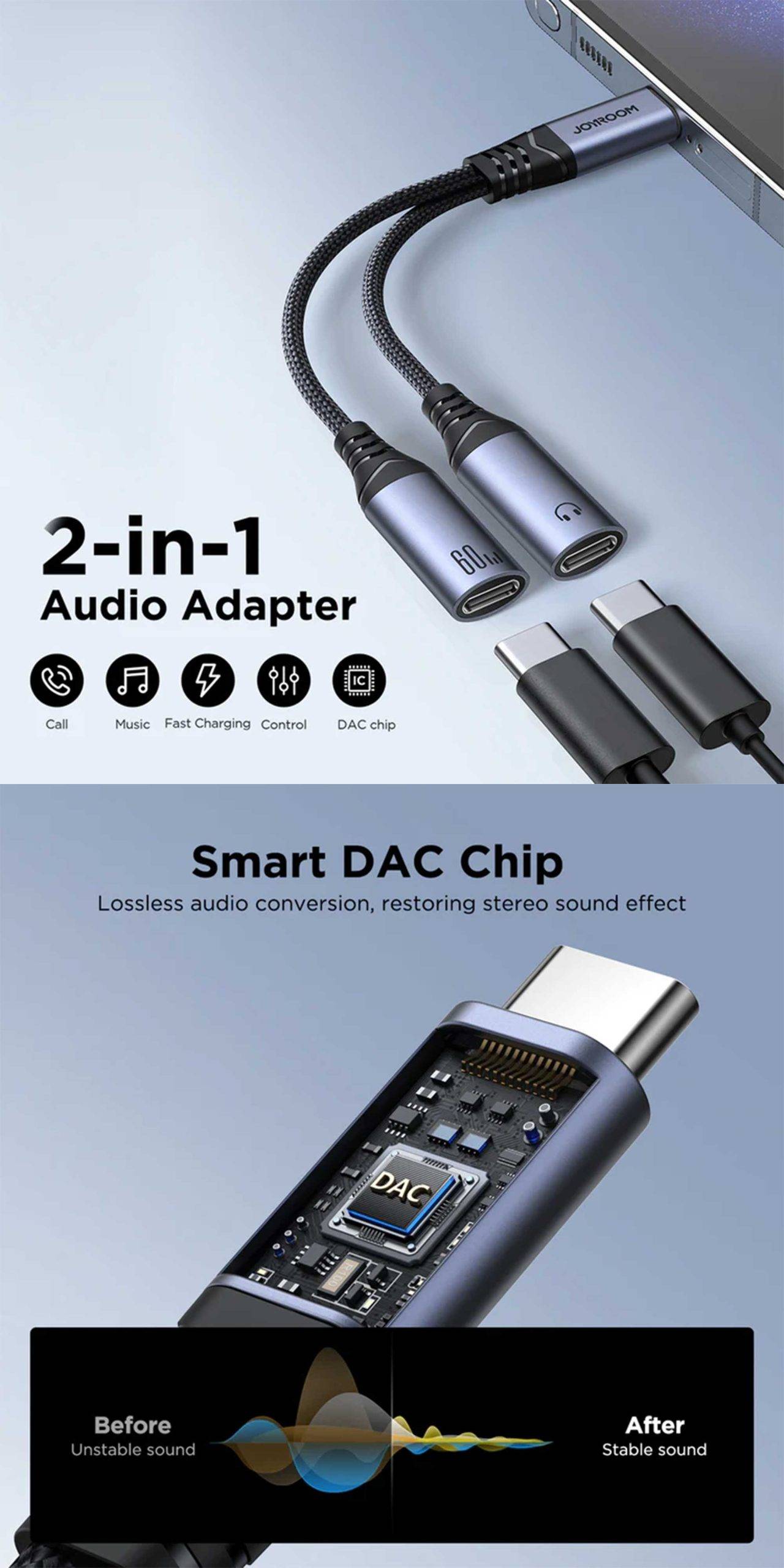 JOYROOM SY-C03 2-in-1 Type-C to Dual Type-C Audio Transfer Series & Charging Adapter