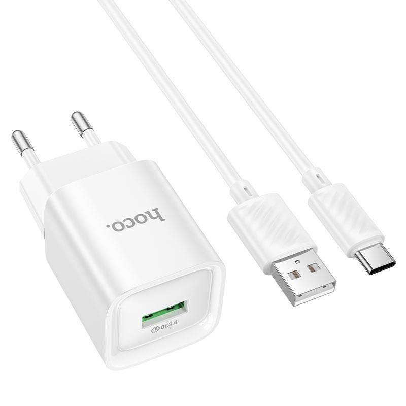 Hoco C145A 18W QC3.0 USB-A Single-Port Fast Charger with USB-A to Type-C Cable Set