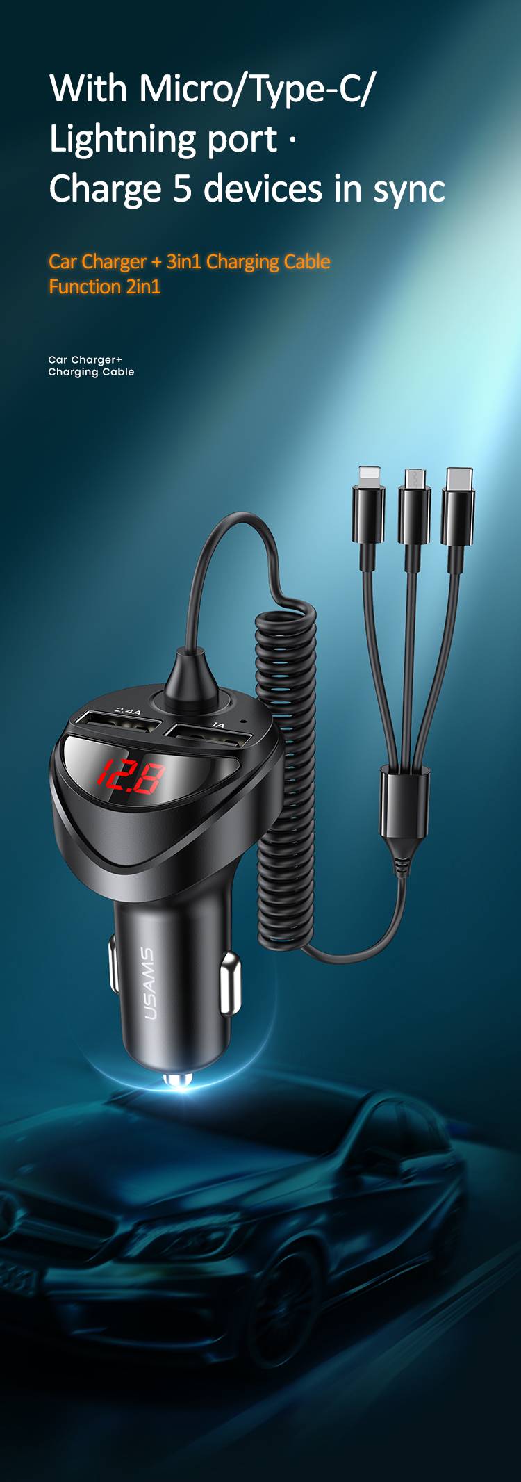 Usams 3 in 1 Spring Cable 3.4A Dual USB Car Charger