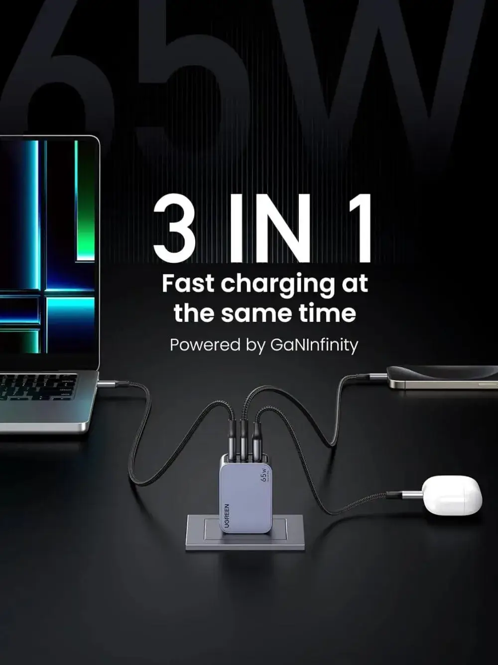 UGREEN Nexode Pro X755 65W 3-Port GaN Fast Wall Charger with Foldable Plug USB-C & USB-A Charger