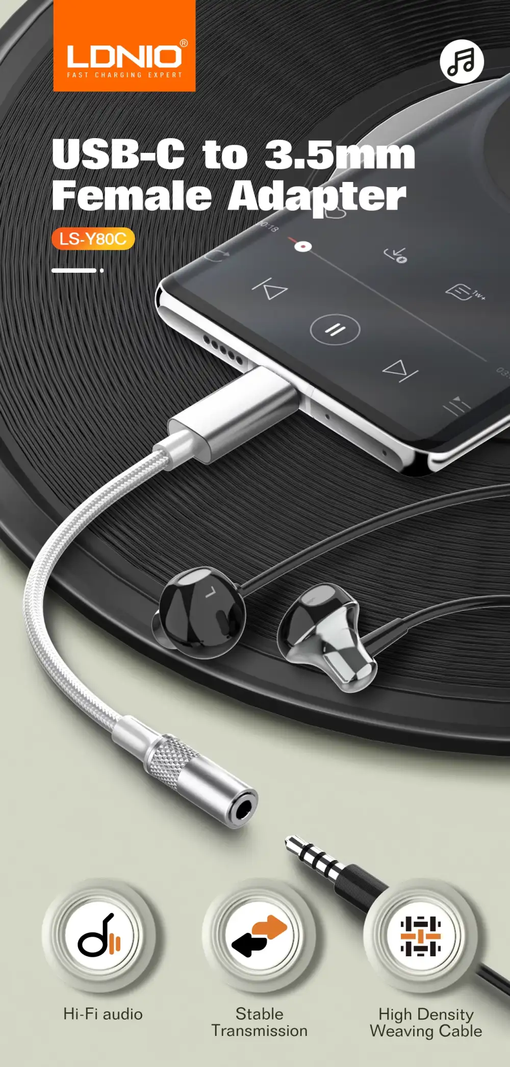 LDNIO LS-Y80C Type-C to 3.5mm Audio Jack Female Adapter