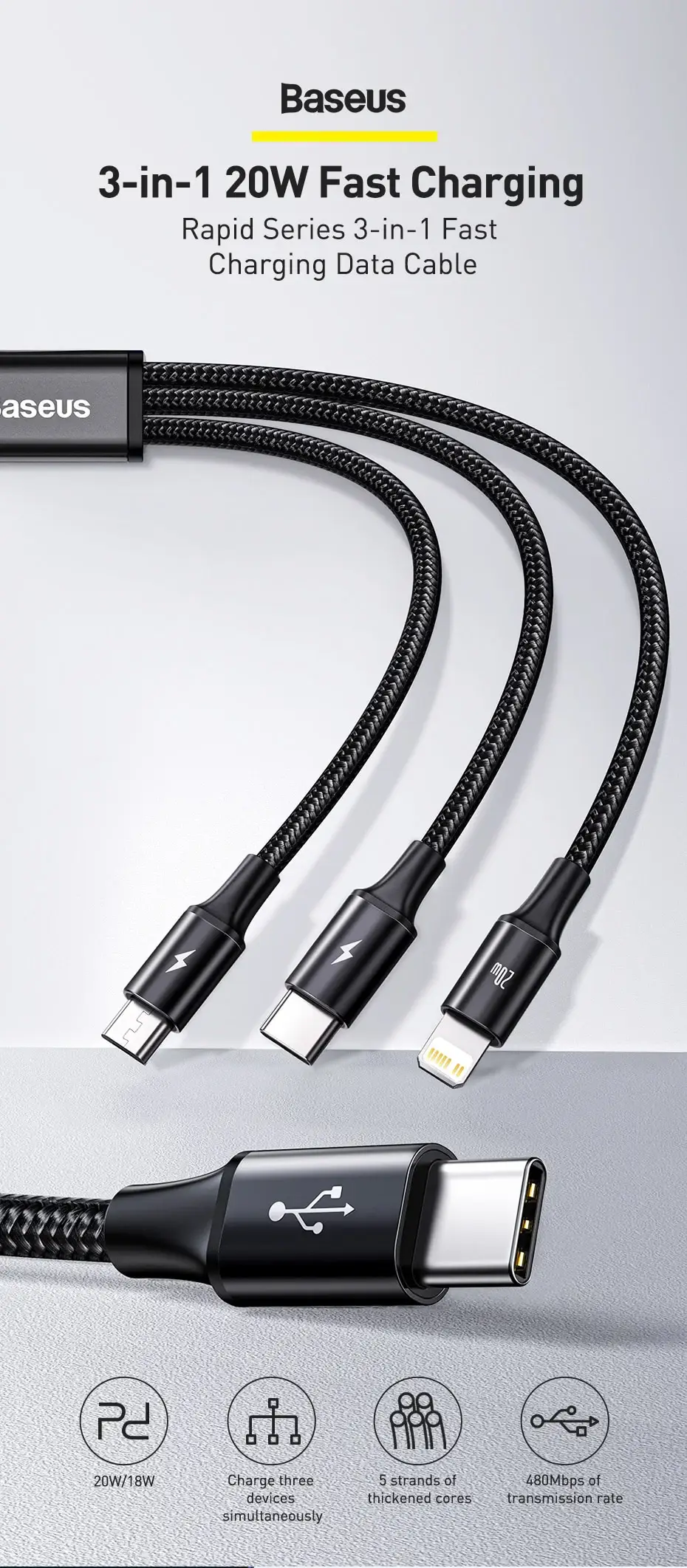 Baseus Rapid Series 3-in-1 Fast Charging Data Cable 20W PD Type C Micro USB Apple Cable