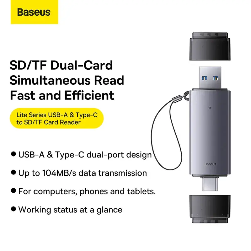 Baseus WKQX060113 Dual Output Card Reader USB-A & USB-C to SD/TF Grey