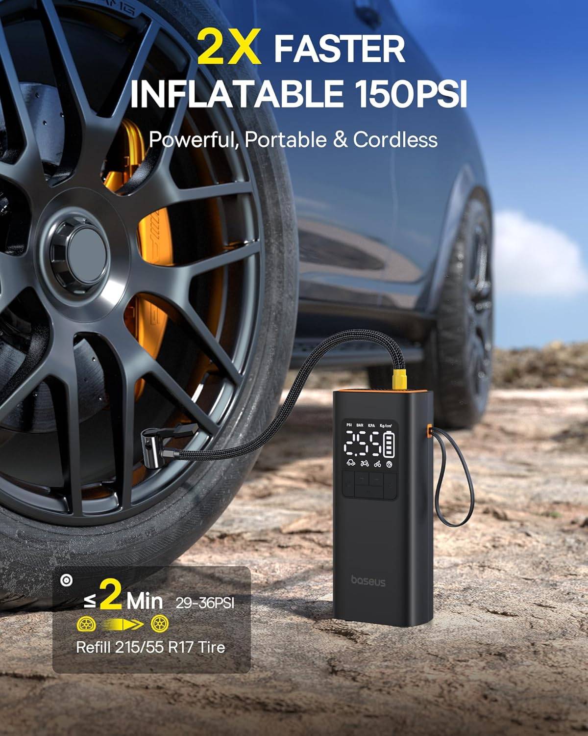 Baseus Portable 150PSI Cordless Tire Inflator with LED Display & Auto Shut-Off