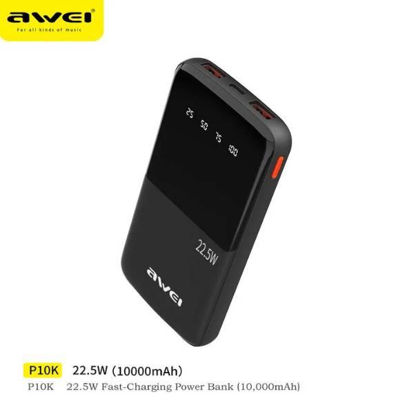 Awei P10K 10000mAh 22.5W PD+QC Fast Charging Slim Power Bank with Digital Display