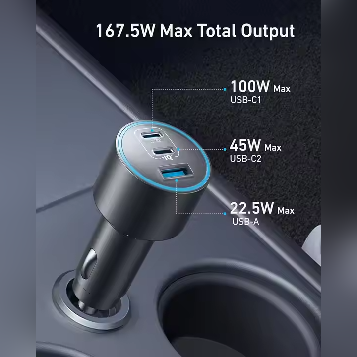Anker Nano A2737 167.5W Ultra-Fast Car Charger with Dual USB-C & USB-A Ports