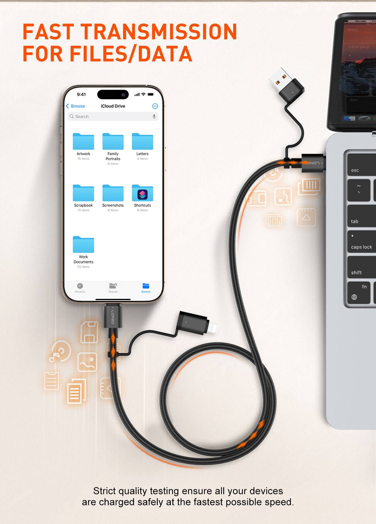 LDNIO LC16 65W 4-in-1 Fast Charging Cable USB-C & Lightning to USB-A/USB-C 1.2M