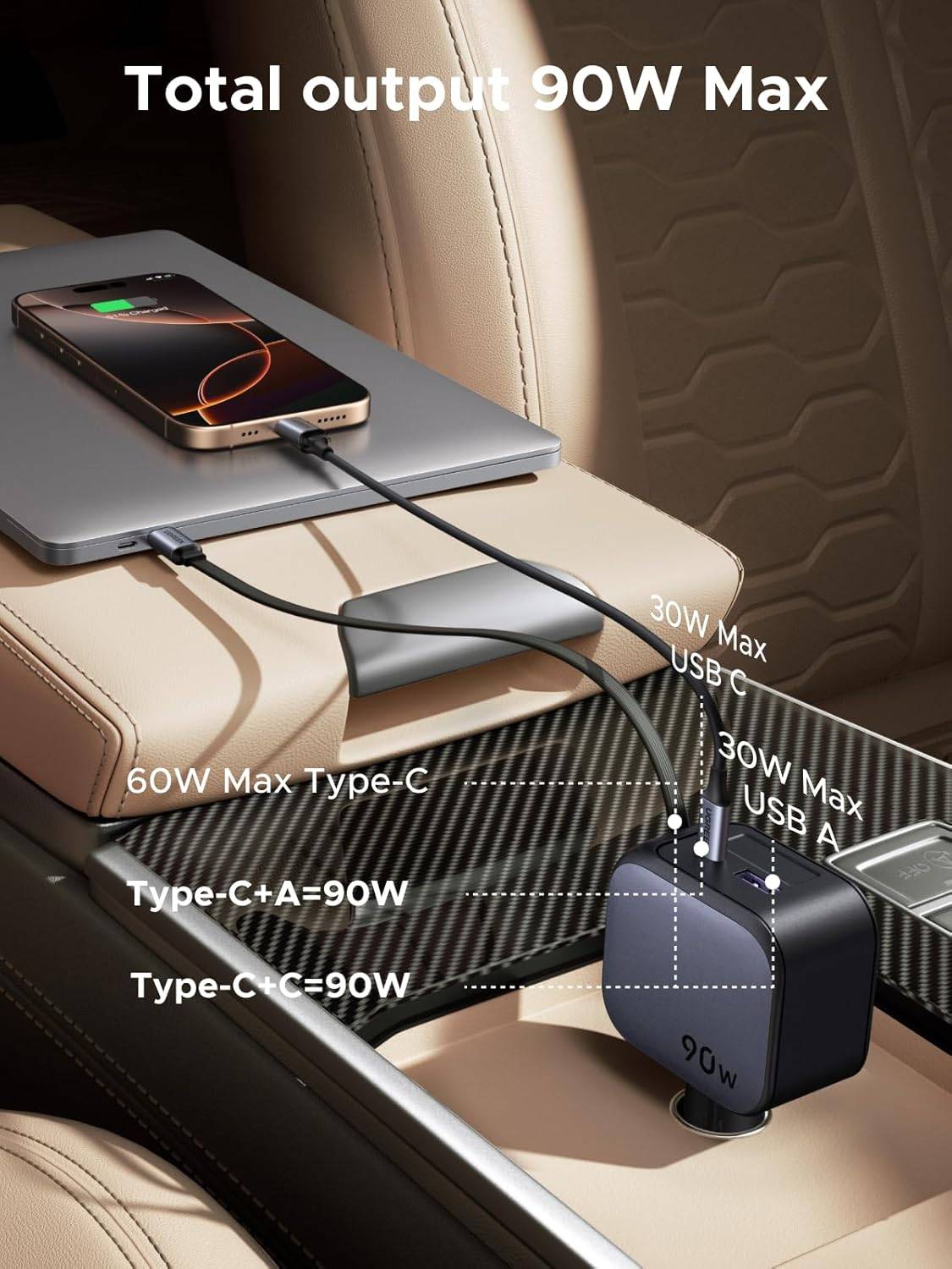 UGREEN EC603 90W Fast Car Charger with Retractable USB-C Cable (55909B)