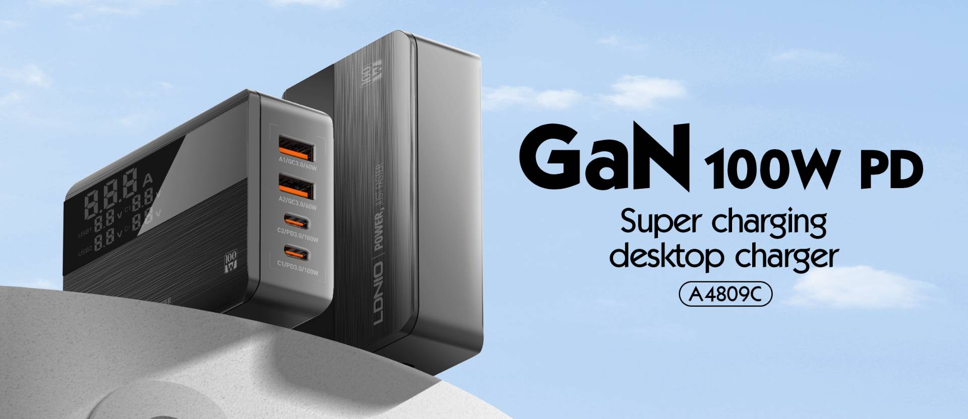 LDNIO A4809C 100W GaN Super Fast Charging Adapter with Type-C and USB Ports