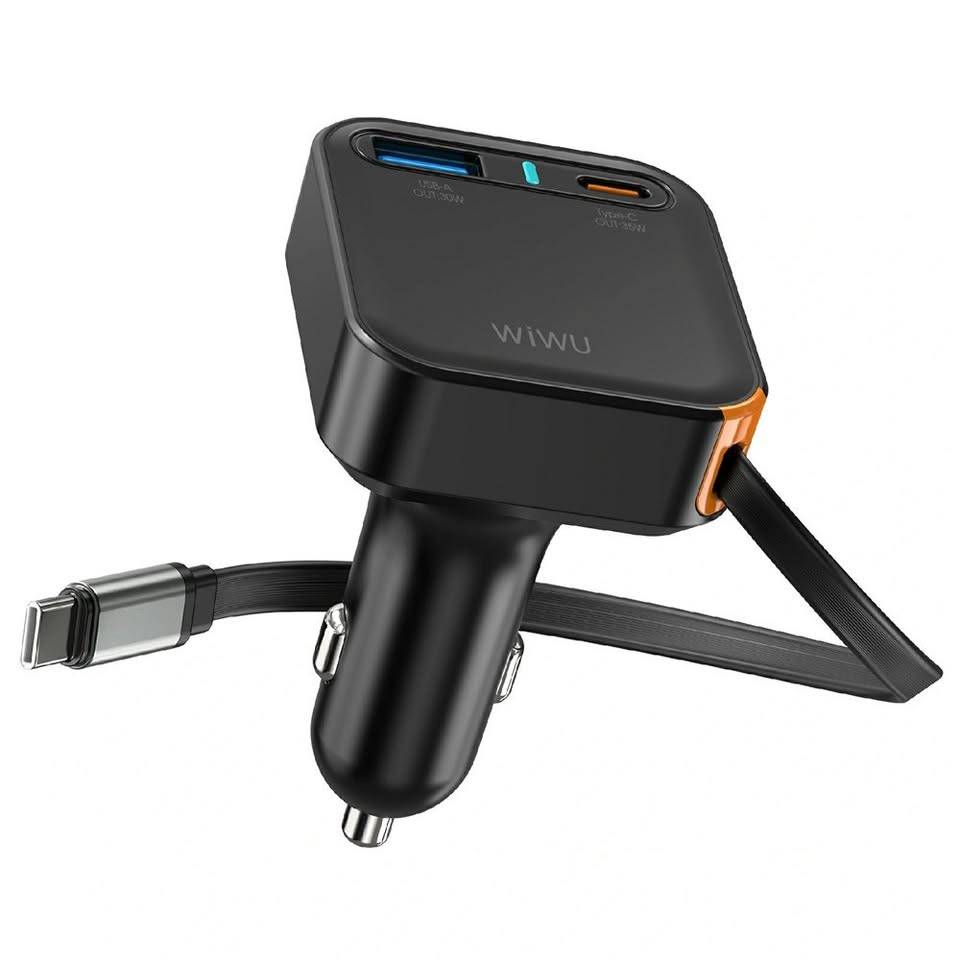 WIWU Wi-CC033 Helix 65W USB-A and USB-C Car Charger with Retractable USB-C Cable WIWU Wi-CC033 Helix 65W USB-A and USB-C Car Charger with Retractable USB-C Cable