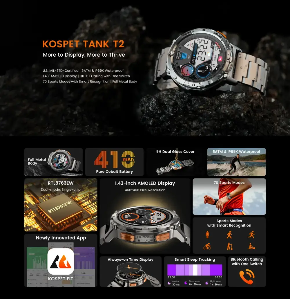 KOSPET Tank T2 Special Edition Smartwatch AMOLED Display Military-Grade Durability