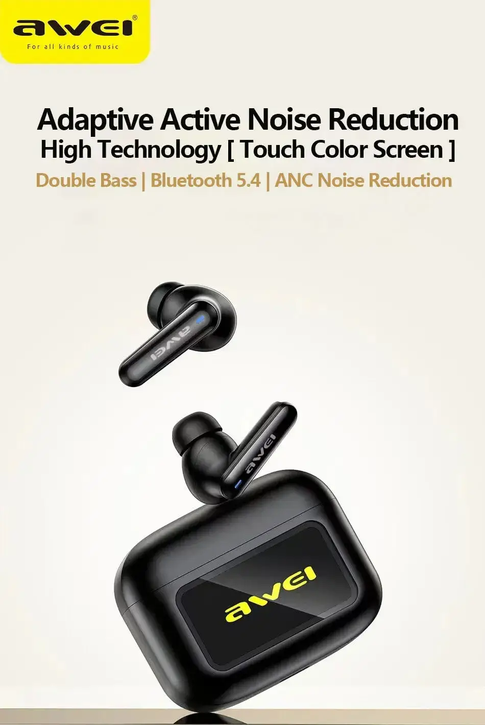 Awei T56 True Wireless Earbuds with ANC and Touch LCD Display