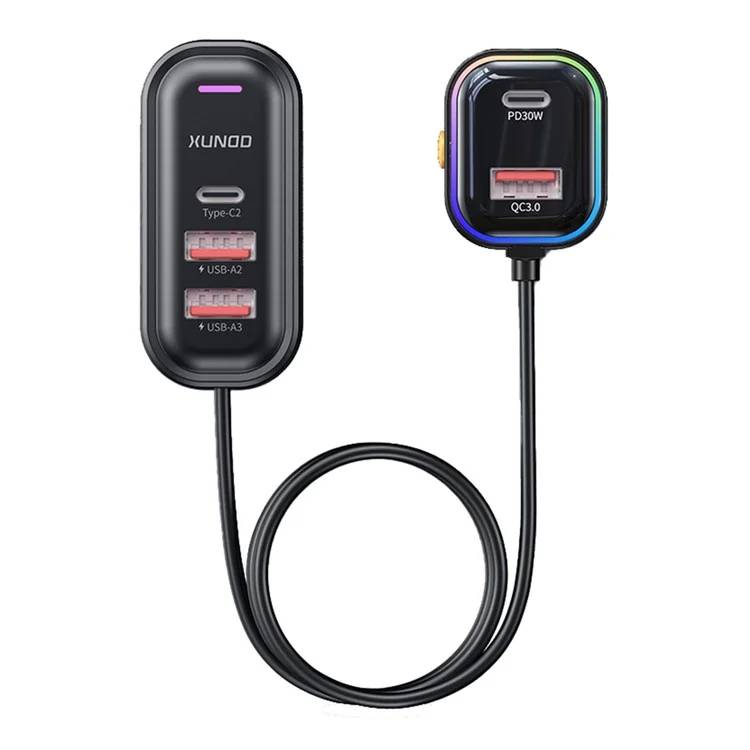 XUNDD XDCH-107 30W PD Fast Car Charger with Rear Seat Charging Ports & RGB Ambient Light