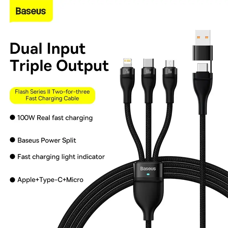 Baseus Flash Series II 2-for-3 Fast Charging Data Cable (USB to Micro+Lightning+Type-C, 100W, 1.2m)