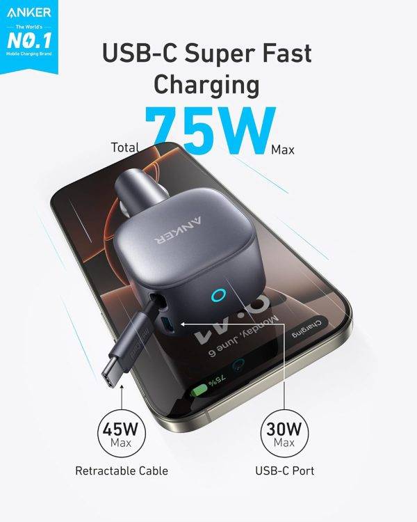 Anker Nano A2738 75W USB-C Car Charger Built-in Retractable USB-C Cable
