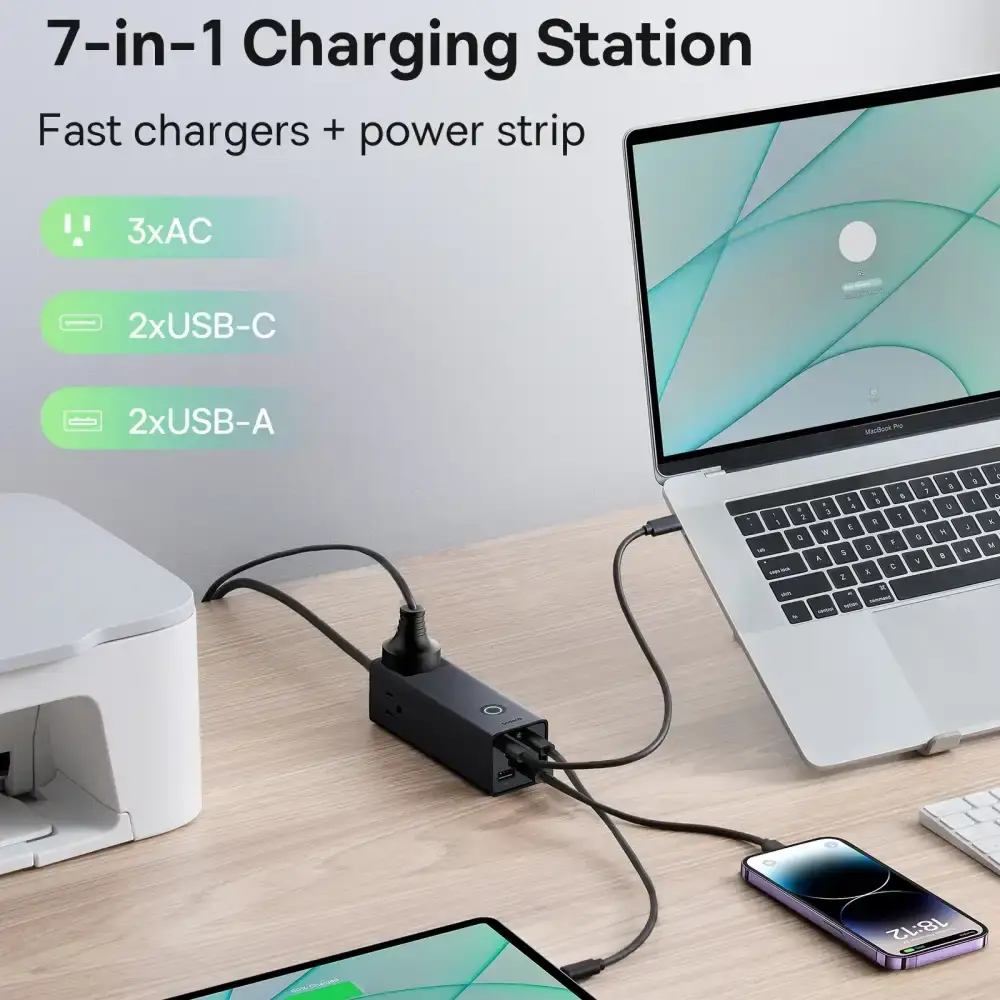 Baseus PowerCombo 65W Digital Power Strip with 3 AC, 2 USB-A & 2 USB-C Ports 1.5m Power Cord