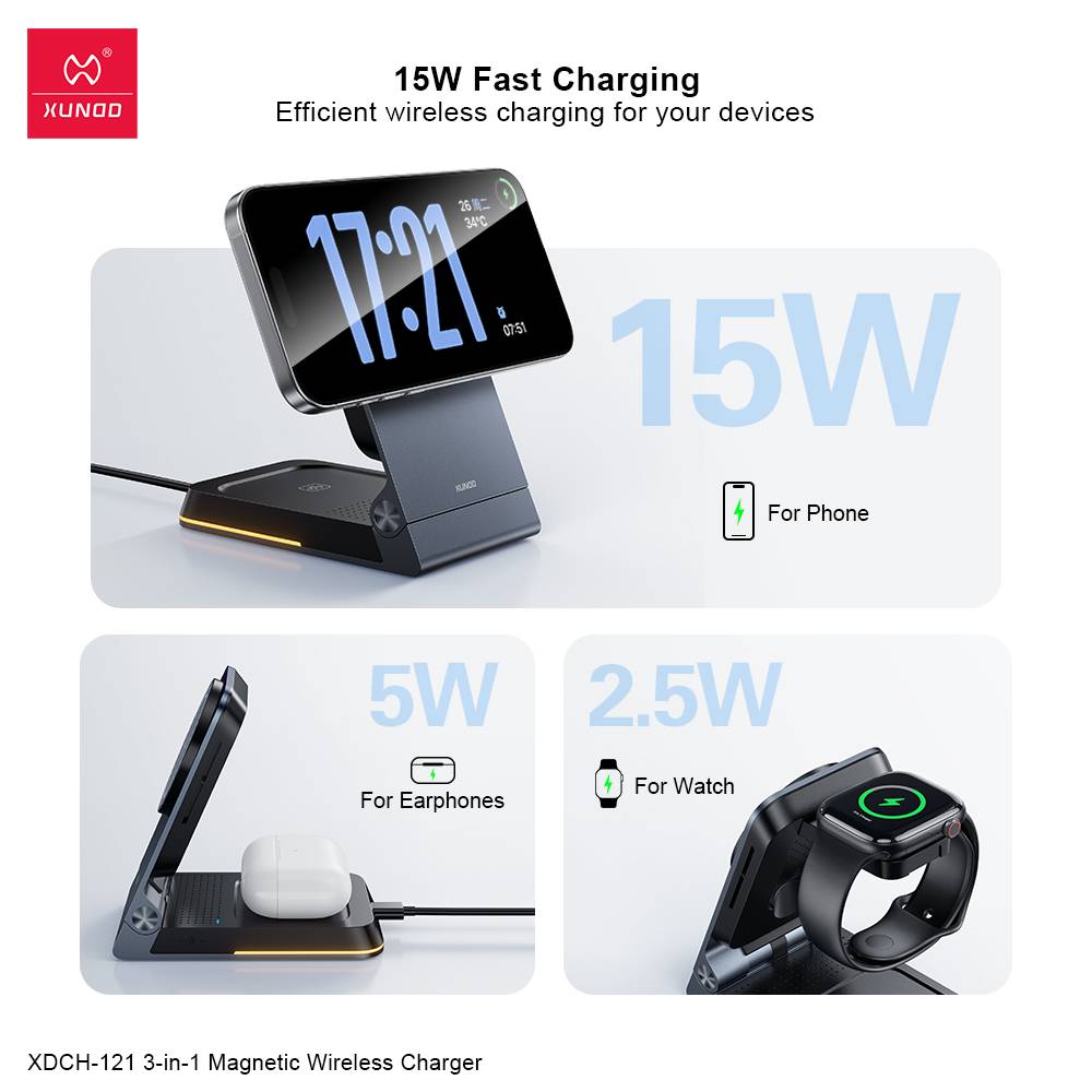 XUNDD XDCH-121 3-in-1 Magnetic 15W Wireless Charging Station