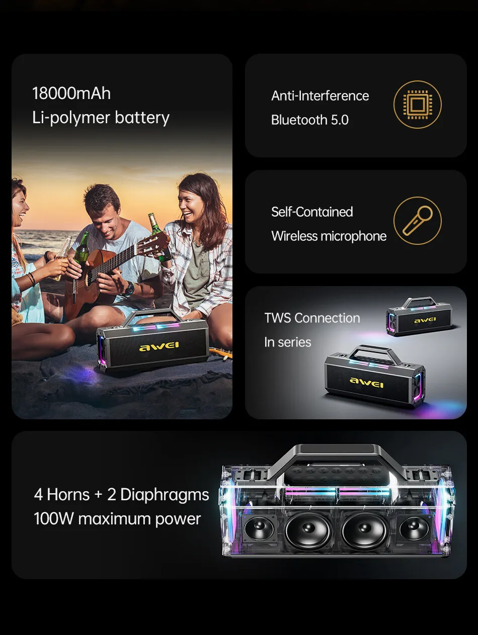 Awei KT8 160W Portable Bluetooth Karaoke Speaker with Wireless Microphones & Remote Control
