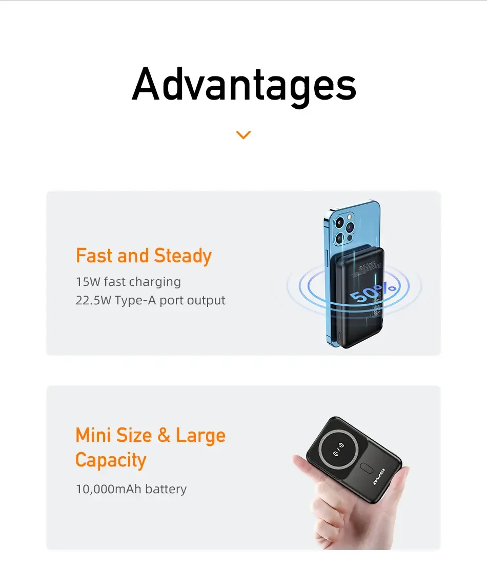 AWEI P139K 10,000mAh Fast Charging Power Bank 22.5W Wired & 15W Wireless Magnetic with Stand