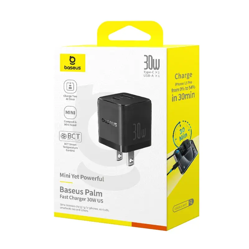 Baseus Palm Series 30W Dual-Port PD Fast Charger 1× USB-A & 1× USB-C Output (US Plug)