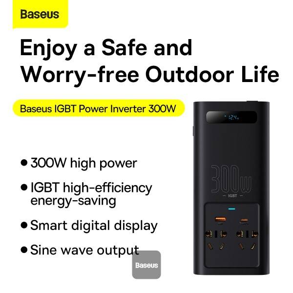 Baseus Car Power Inverter 300W: DC 12V/24V to AC 220V Pure Sine Wave Converter with USB Type-C Charger Adapter (CN/EU)