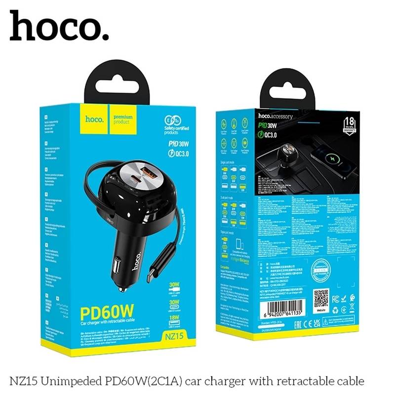 Hoco NZ15 60W PD Type-C Car Charger with Retractable Cable