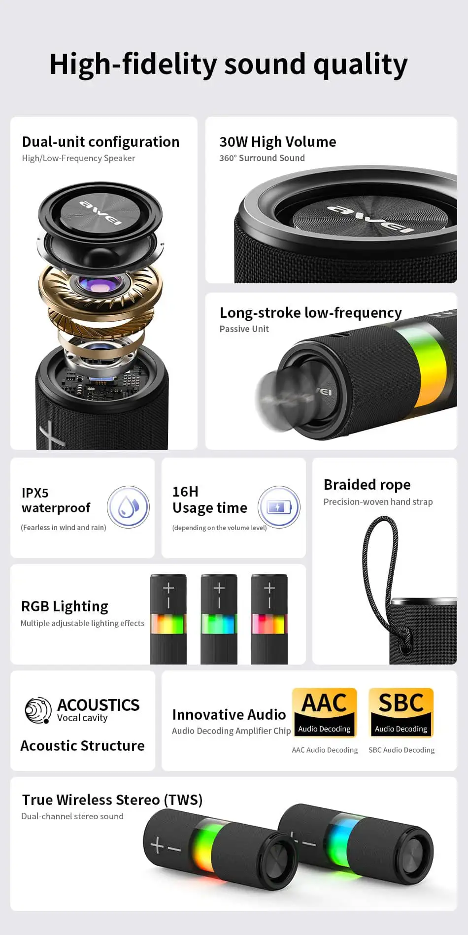 Awei Y669 Lite IPX6 Waterproof Bluetooth Speaker with 30W RGB Lights