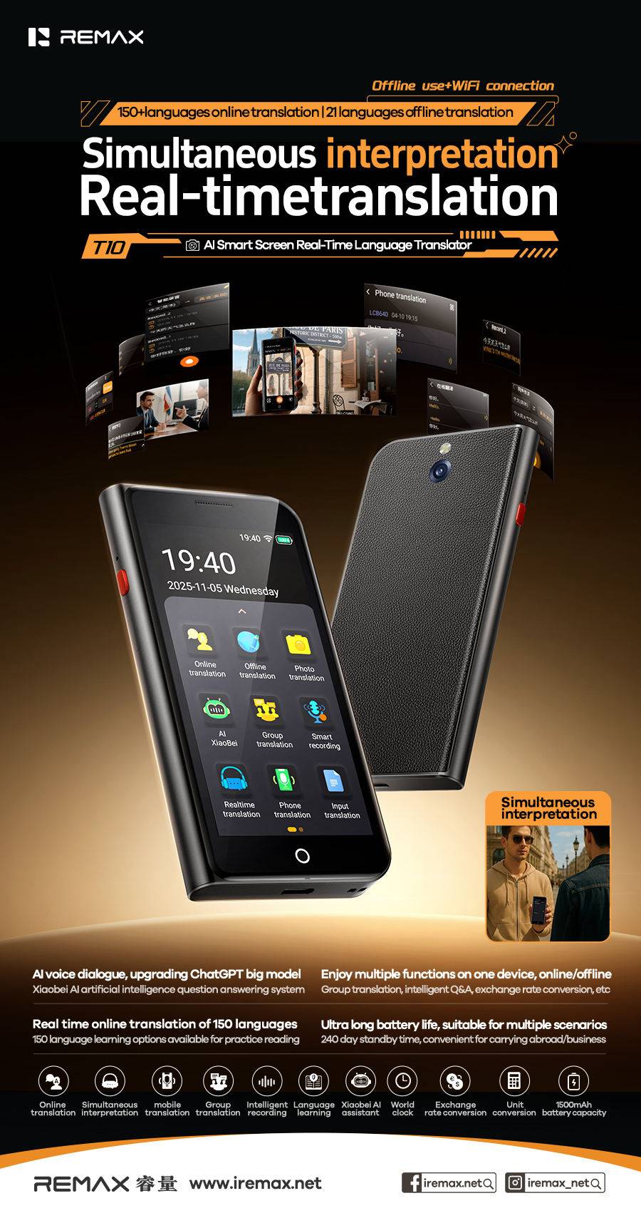 REMAX T10 AI Smart Screen Translator with 150+ Languages & 21 Offline Modes