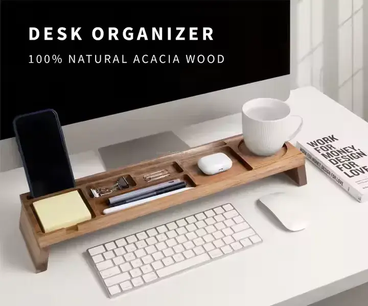 Natural Wood Multi-Compartment Minimalist Desktop Organizer Storage Rack