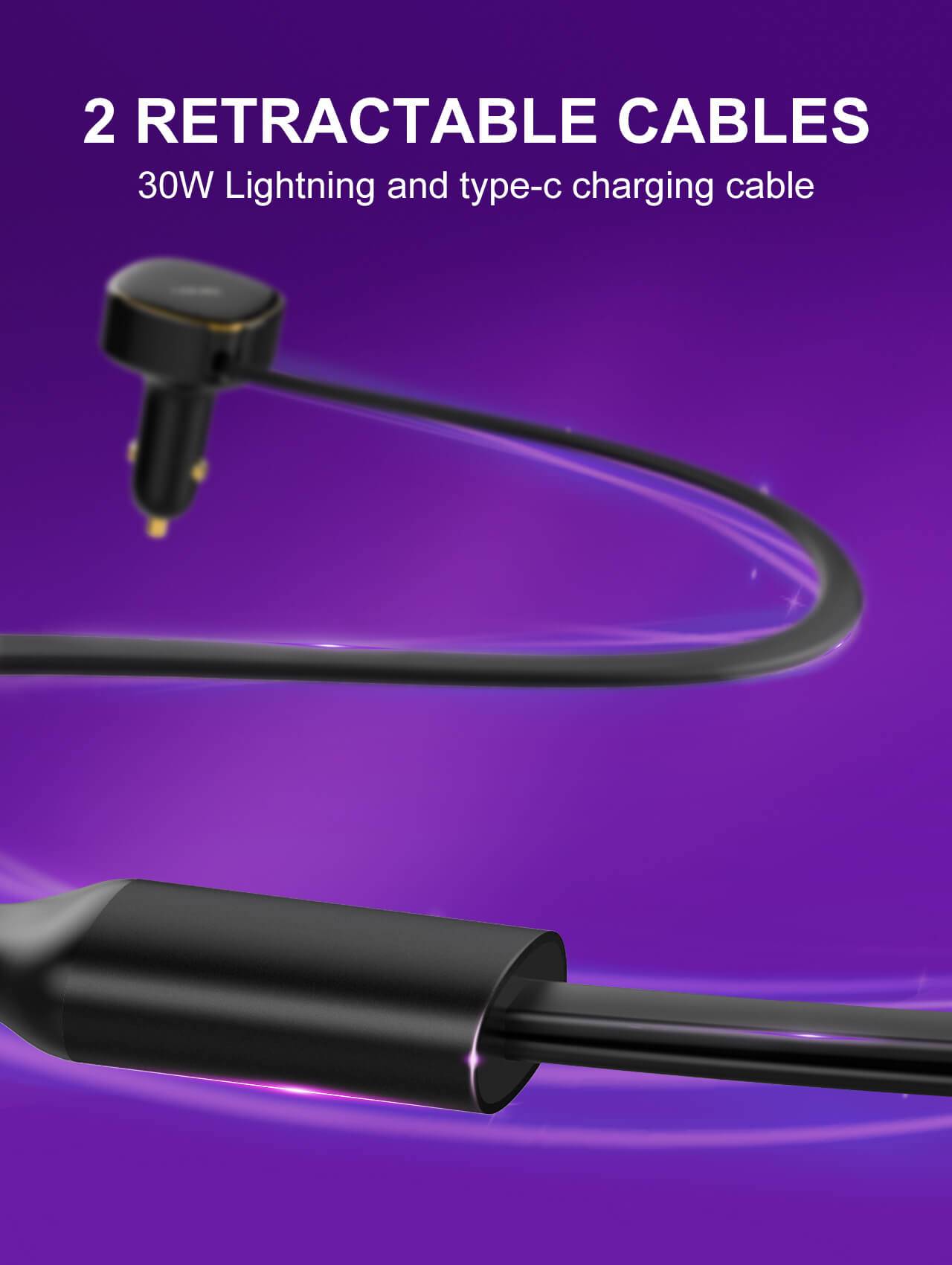 LDNIO C107 Ultra-Fast Car Charger with Built-in Type-C/Lightning Cable