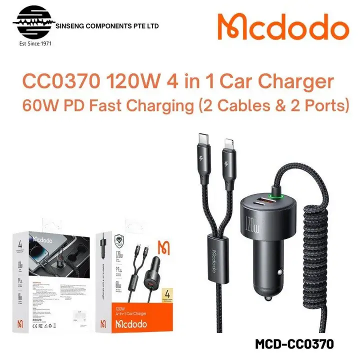 Mcdodo CC-0370 120W Retractable Car Charger with USB-C & Lightning Cables