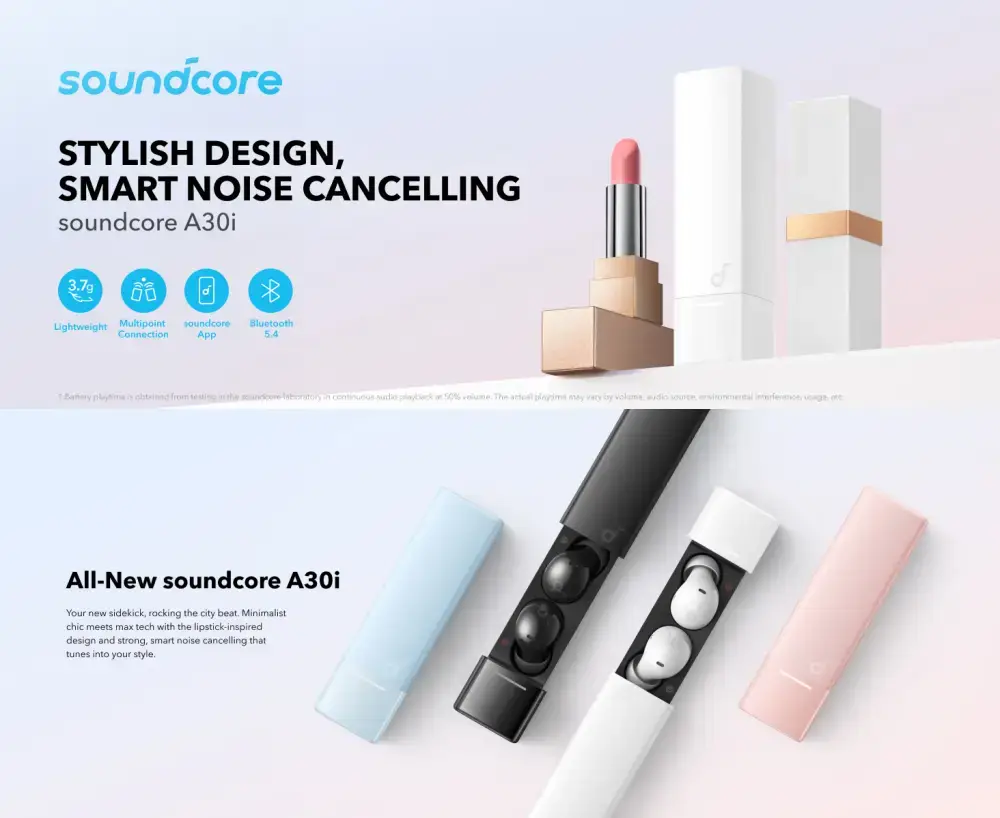 Anker Soundcore A30i Lipstick-Style Smart Noise Cancelling Wireless Earbuds