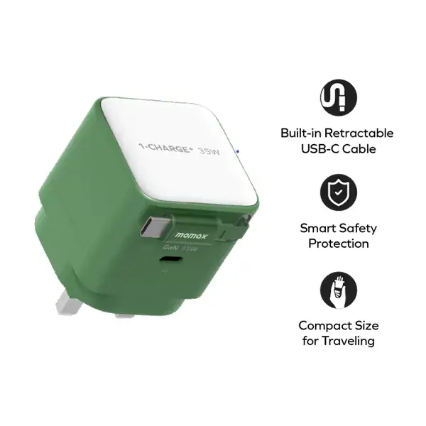 Momax 1-Charge+ 35W GaN Fast Charger with Retractable Cable US Plug
