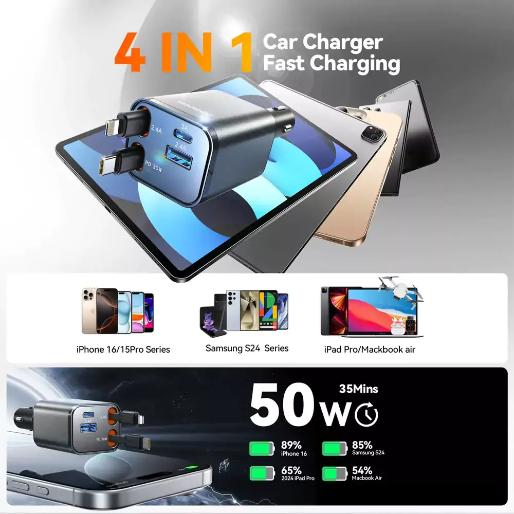 JOYROOM JR-CCL05 30W 4-in-1 Retractable Multi-Cable Fast Charging Car Charger