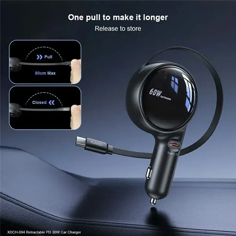 XUNDD XDCH-094 PD 30W Fast Car Charger with Retractable Cable and USB-C Output