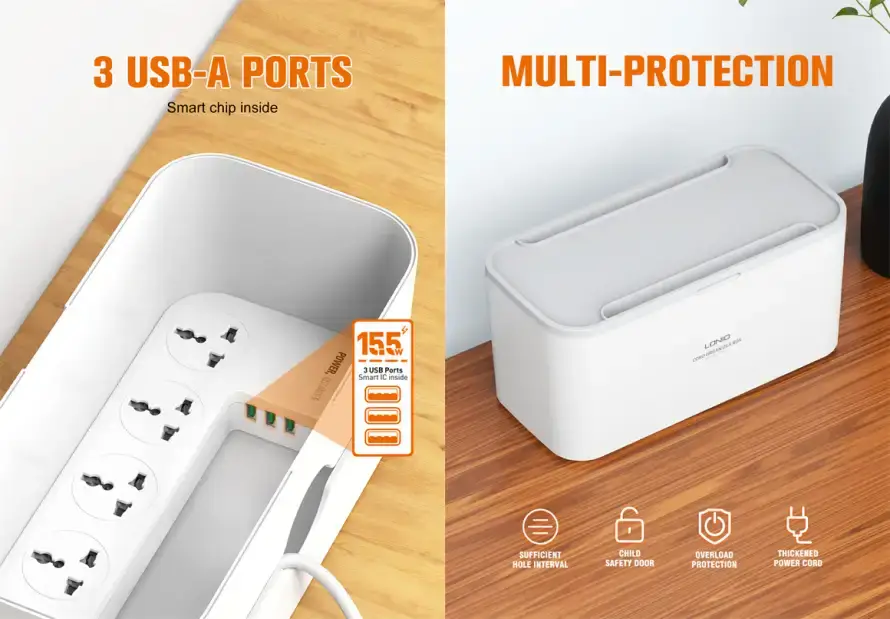 LDNIO SN5311 Smart 5 AC Socket 2500W Power Storage Box & 2M Extension Cord